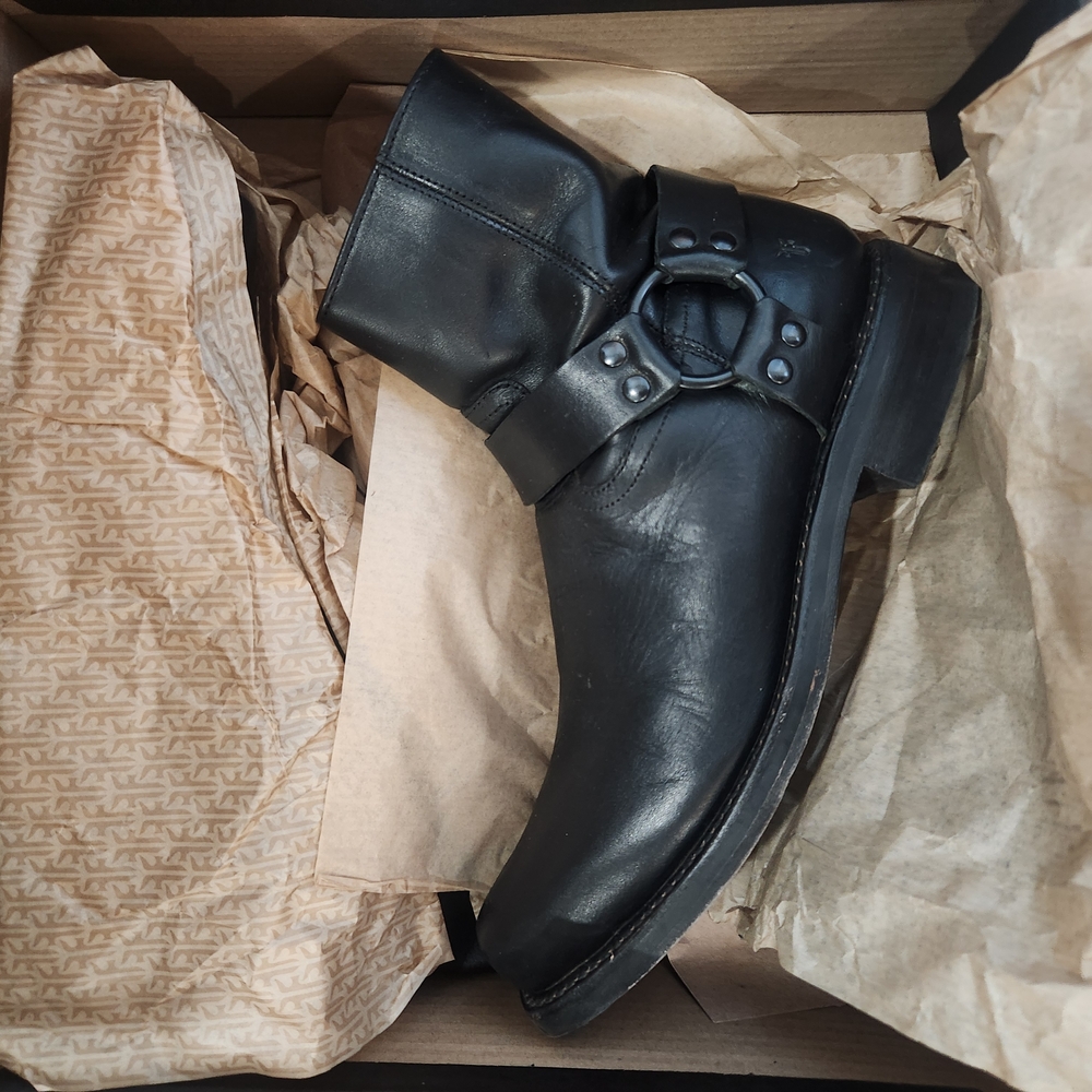 Black Leather Motorcycle Boots with Harness Detail